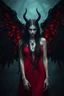 Placeholder: Daughter of Lilith, beautiful, wild woman, stunningly terrifying and powerful personality, with black wings in a red dress, long, dark hair with suggestive dark eyes, wonderful, ancient woman, a demonic woman who controls with her strength, power, sharp focus, high detailed, high realistic, master photo, pale lights, deep night, eerie atmosphere, gothic, dark mystic atmosphere, stunning, masterpeace, cinematic, master photo