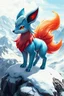 Placeholder: A stunning cross-breed between Vulpix and Eevee, full body with frosty blue fur and fiery red tail, in a snowy mountain peak, photorealistic, high definition, perfect clarity, ArtStation quality.