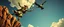 Placeholder: the fool from major arcana tarot,dancing joyfully on the edge of a cliff streching for a bird leaning into the air, seen from below, close up portrait of dj magic farmer pilot looking down on cam, with background in the style of escher and giger, a chill contrapunctus fugue in the style of fsol, beethoven, held up and protected from disaster