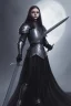 Placeholder: Wednesday Adams, in a black knight armour, holding an ebony sword, protrait, beautiful, high detail, night light