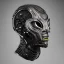 Placeholder: "Organic bionic African male cyborg, alien mask openings, filigree, iridescent metal, shiny, neon, LEDs, diffuse lighting, african print leather with fur black and white fantasy, intricate, elegant, highly detailed, lifelike, photorealistic, dramatic makeup, digital painting, illustration, concept art