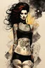 Placeholder: an abstract and serene full body lithographic illustration of a tattooed goth girl with highly detailed hair and facial features , finely drawn and inked, 4k, hyper detailed and vibrantly colored in the comic art style of Bill Sienkiewicz and Frank Miller