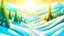 Placeholder: Fantasy cartoon style: view down the ski slope from the top of the hill, snow is sparkling like diamonds, sun is shining, pine trees are beatiful