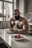 Placeholder: photorealistic half figure shot photography of an ugly 30 year old italian boxer with big broken nose, beefy masculine rude man, very long muslim black beard, shirtless, manly chest, big shoulders, side light, ambient occlusion, sitting on a table in a modern dining room at home, drinking red wine, sun from window, emotive expression, shaved hair