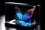 Placeholder: Cup-shaped translucent vapor holographic swirl butterfly, artfully depicted as it emerges from the inside of a glass tablet