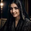 Placeholder: Hyper Realistic Photographic close-up view of Young Beautiful Pashto Woman with beautiful eyes, beautiful lips & beautiful long black hair wearing black embroidered dress with black-embroidered-shawl happily smiling & sitting on a rocking-chair inside a dark room with moonlight-rays-on-her-face showing dramatic & cinematic ambiance.