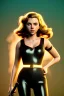 Placeholder: retro portrait image from 1960, explosion background, wind, long hair, young Scarlett Johansson, classic black tight lycra suit, metal stick weapon, gold bracelet and belt, high heel boots, soft color, highly detailed, unreal engine 5, ray tracing, RTX, lumen lighting, ultra detail, volumetric lighting, 3d, finely drawn, high definition, high resolution.