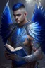 Placeholder: a person in runic armor with blue wings, blue short hair, runic tattoo and spell book, male