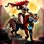 Placeholder: ultra detailed portrait of beautiful Red Sonja riding a Great tiger ,wearing plate armor, extremely detailed digital painting, in the style of Robert Howard and Earl Norem and fenghua zhong and ruan jia and jeremy lipking and peter mohrbacher, mystical colors, rim light, beautiful lighting, 8 k, stunning scene, raytracing, octane, trending on artstation