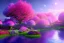 Placeholder: monde en fleurs, blue lake, flower tree-houses, concept art, crépuscule , fuksia bleu oranger, vibrant Color, réaliste, riviere bleu, tree-house bougainvillier, roses