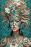 Placeholder: Beautiful woman portrait, adorned with m white blue and turquoise metallic filigree floral embossed and jade and malachite ribbed mineral stone colours and beige eggshell ocous and sea horse colour and brown and coralls red mollusk shell headdress, venetian style mollusk shell face masque and wearing sea costume armour ribbed with irridescent bioluminescense Golden dust and mollusk shell ribbed costume organic bio spinal ribbed detail of full extremely detailed hyperre