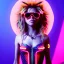 Placeholder: Shakira, artist, 30 years old, Realistic image, waist up portrait, etro style dress. Gucci sunglasses. Blonde, loose long hair, eyes make up, perfect, glow, circle iris. Feather, Neon colors, leds, geometric shapes. Dark background, neon lights. Cyberpunk, concept art, smooth, unreal engine 5, god lights, ray tracing, RTX, lumen lighting, ultra detail, volumetric lighting, 3d, finely drawn, high definition, 4k.