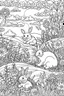 Placeholder: STRESS RELIEF themed coloring page for adult, cartoon style, thick outline, low details, no shading, no color, A cute meadow with fluffy bunnies serene hills and wildflowers