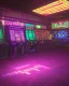 Placeholder: A dark photo of the corners of an 80's aesthetics arcade at night, with a lot of functioning arcade machines, a vaporwave floor and some colorful tiles in between the floor. Purple aesthetics. There are some pizza boxes over some of the arcade machines. The wall has a ticket shop who sells plushies, food and laser tag guns