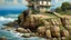 Placeholder: house on some rocks by the sea, Guido Borelli style