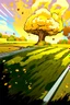 Placeholder: top right corner is a nuclear explosion cloud, top of explosion looks like a autumn tree full of leaves, add leaves falling everywhere in foreground, bottom 2/3 is a road through a road, a wind is blowing away from the tree. a commercial building is on the middle left