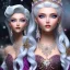 Placeholder: Ice Princess with white hair smilling, a crown with precious stones, bright background