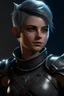 Placeholder: create a young female air genasi from dungeons and dragons, dark gray short hair, undercut, light blue eyes, wind like hair, wearing hot leather clothing that also looks studded, realistic, digital art, high resolution, strong lighting