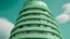 Placeholder: An Art Deco architectural photograph capturing a striking mint green building facade with a grid of circular porthole windows, accompanied by a cream-colored curved tower element featuring horizontal striping. The structure is photographed from a low angle under natural daylight against an overcast sky, emphasizing its modernist geometric design elements and clean lines. The composition creates a dramatic upward perspective that highlights the building's distinctive architectural features and co