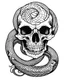 Placeholder: skull with snake tattoo idea, line art, background, vector, svg, coloring book page style, black outline on white background, leave plenty of white space beetween lines for coloring, minimalist, tattoo style, tattoo idea