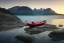 Placeholder: highly detailed glacial lake landscape, sunset, cinematic lighting, 4k, 8k, octane render, trending on 500px, pinterest, extremely detailed, ambient lighting, single frame, tiny kayak on rock pebble beach in foreground, norway