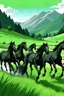 Placeholder: Draw a picture of a group of black horses running through green mountains