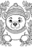 Placeholder: An outline art for coloring page of a full and perfectly centered image of a cute baby bear wearing a cap n Christmas garlands and snow, a very thin black lines and large white blanks