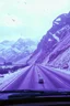 Placeholder: surreal purple plastic mountain road seen through a dirty truck front window, dirty blue snow and wind, autochrome