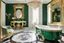 Placeholder: Malachite bathroom with a white marble bathtub on gold baroque legs, a marble sink with a gold vase faucet, and a gold-framed oval mirror with a gold towel holder, in an eccentric, luxurious style, high fetailed, cinematic