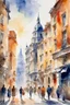 Placeholder: beautiful watercolor painting of famous structures, european cities, and buildings, people on the street, 16k, ultra HD, sunlight