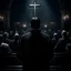 Placeholder: a priest in front of a crowd from behind. in the background a crucified in a circle. dark atmosphere