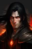 Placeholder: A striking fantasy Lord Of The Rings like man with mid-length black hair, exuding an air of aggression. His fiery red eyes hint at mystery and intelligence.