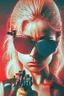 Placeholder: Photo of a beautiful blonde female Terminator, with dark sun glasses, bright red eye, holding a gun upwards, up close, Hollywood movie poster vibes, night time, high contrast dark moody lighting.