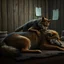 Placeholder: an anthropomorphic wolf in brown bodyhair lying on stomach and an younger anthropomorphic wolf massage his back. The background rustic wooden room features wooden walls with a few pinned papers . relaxed mood, realistic, detailed, cinematic, dark fantasy style