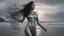 Placeholder: Wide-angle shot of a woman, standing to one side on a beach with huge waves, with dark hair in a silver robotic catsuit, many large jellyfish shaped like mushrooms with tentacles floating in the air, masterpiece, best quality, super detailed