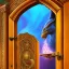 Placeholder: Half opened massive wooden door with lots of engraved magical symbols. Colorfull magical smoke coming out of the door opening. Harry Potter. Magical. Epic. Dramatic, highly detailed, digital painting, masterpiece