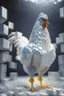 Placeholder: chicken in a farm made out of identical, same-sized cubes, full body portrait, full white, meticulously intricate perfectly symmetrical extremely detailed, full body and melting details, dramatic pose, portrait, pixiv daily ranking, pixiv, extreme depth of field, artstation, sculpture style, spectacular details, volumetric lighting, masterpiece, cinematic, Hollywood production, 8k resolution high definition, max octane render, vivid colors, max resolu