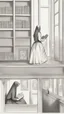 Placeholder: A woman wearing a veil and a wide skirt, and pictures from behind, is reading a book