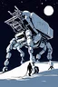 Placeholder: a minimalist silhouette of a sleek mechanical walker with eight legs scaling a very steep snow covered side of mout everest at night, it has a smooth surface, it has storage pods on its belly and humans can fit in the pods