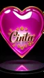 Placeholder: create a beautiful scene of a shiny, transparent glossy shiny vibrant pink glass shield shaped with golden frame like an inflated pinl heart. Its edges gleam with golden brilliance, and delicate. At the center, a white inlaid with chrome, bears the 3D text name 'Cinta' curvy letter surrounded by small metallic golden flowers, background dark,ultra HD 64k hyperrealism studio lightning light reflection