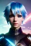Placeholder: Cyborg anime warrior, light blue hair, short and messy hairstyle, pierced ears, eyes, waist up portrait, 8k resolution, intricate details, ornate details, soft lighting, vibrant colors, retroanime, masterpiece, intricate eyeliner, dark eyeshadow, eyes, intricate tattoos, futuristic cityscape background