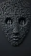 Placeholder: Bosch style painting , A balled face in details . The texture of the face is a collage of many 3D black random letters covering the whole face and the eyes are covered by caves figures