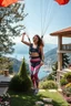 Placeholder: very beautiful lady with beautiful sports pant and top and sports shoes with curvy hair with a parachute flying in a nice villa yard with trees flowers ,in country side in floor of beautiful mountains ,sea with ships ,water falls ,looking at camera