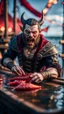 Placeholder: portrait of a vampire werewolf sucking the blood of fish on a viking ship, on a glass pier ,bokeh like f/0.8, tilt-shift lens 8k, high detail, smooth render, down-light, unreal engine, prize winning