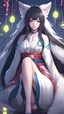 Placeholder: A close hot picture of Ahri with black hair and Japanese Clothes and nine White fox tail with neon glowing in fantasy world