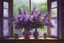 Placeholder: a vase filled with purple flowers in front of the window, realistic artstyle, little cottage, by Bian Shoumin, the artist has used bright, full image. Meticulously enhance image with Adobe Photoshop.