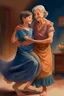 Placeholder: heartwarming cinematic illustration of a loving bond between a daughter and her elderly mother. The daughter, dressed casually in jeans and a blouse, has her arm wrapped around her mother's waist, while the mother, adorned in a bright, flowing gown, gracefully guides her through the dance. Their faces are a picture of joy, with the mother's radiant smile and the daughter's beaming eyes reflecting the love they share. The cozy living room, adorned with cherished family photos and decorations, cre