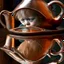 Placeholder: The reflection of a child on the surface of an old copper teapot