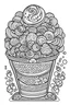 Placeholder: Outline art for coloring page, a full and perfectly centered image, of a beautiful ice cream glass, decorated with of cream sweets candies, thin black lines and large white blanks, white background
