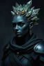 Placeholder: Please generate a female earth genasi cleric in the tempest domain for D&D. She should have dark, stone-colored skin with glittering sparkles like gem dust. She should have lines marking her skin like cracks, showing glimmering gem-like veins. Instead of hair, her head is covered in short, spiky crystals. She is fully-clothed in cleric robes and medium armor. Dark, moody "twilight hour" vibe